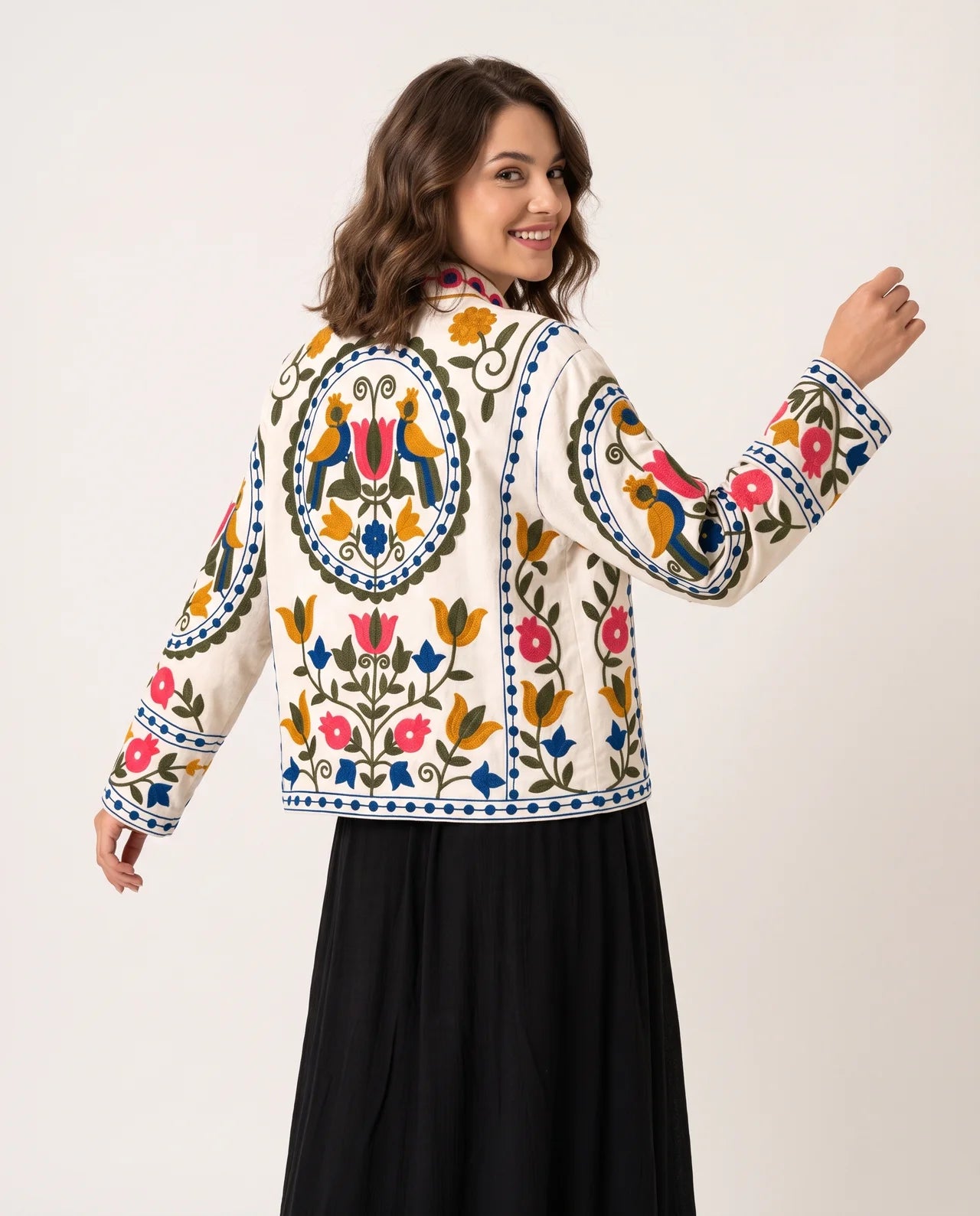 ZIRA Handcrafted Floral & Geometric Embroidered Velvet & Cotton Jacket